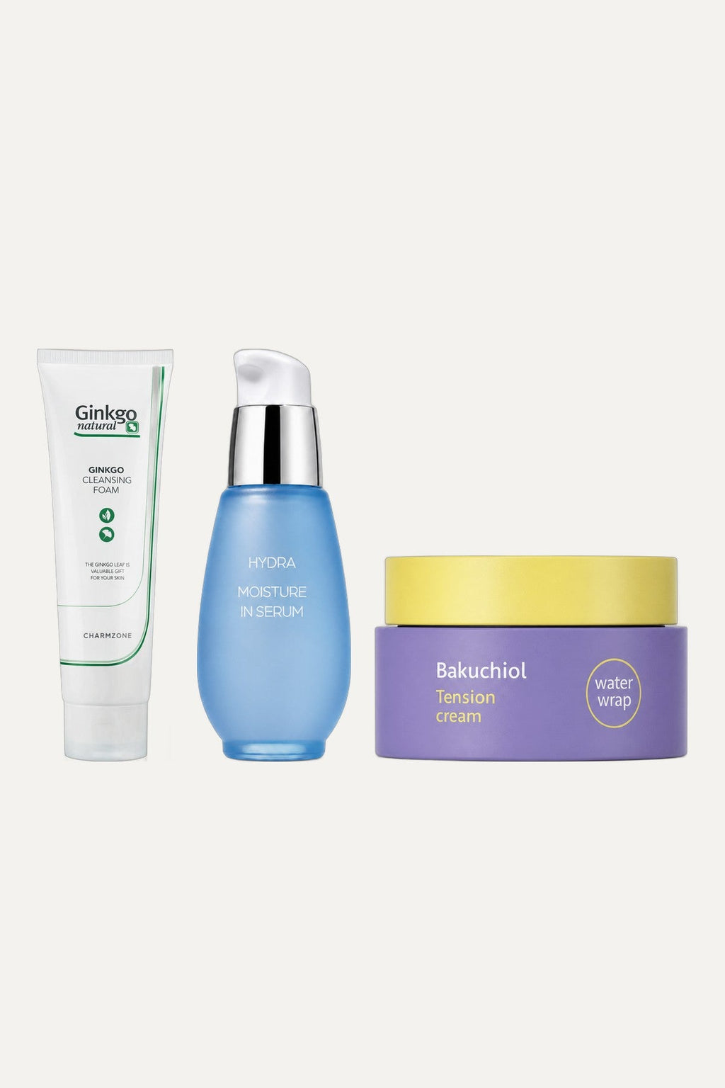 Acne-Prone & Dark Spot Bundle: Ginkgo Natural Cleansing Foam 180ml, Hydra Moisture Hyaluronic Acid Serum, Bakuchiol Water Wrap Tension Cream