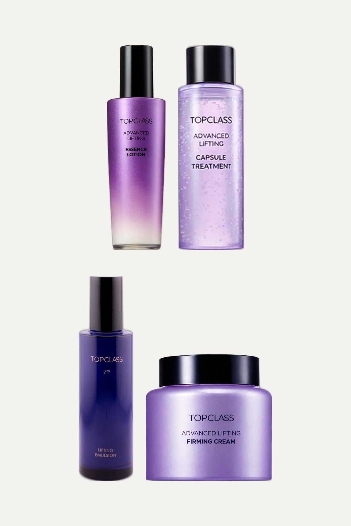 Advanced Anti-Aging Bundle: Topclass Advanced Lifting Essence Lotion 120ml, Topclass Lifting Emulsion 120ml, Topclass Advanced Lifting Capsule Treatment 120ml, Topclass Advanced Lifting Firming Cream
