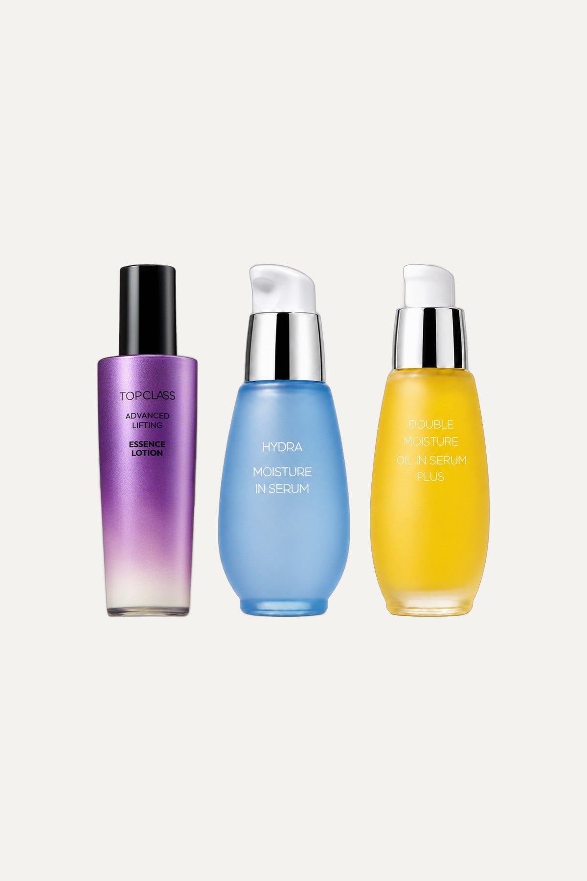 Dry & Dehydrated Skin Bundle: Topclass Advanced Lifting Essence Lotion 120ml, Hydra Moisture Hyaluronic Acid Serum, Double Moisture Oil-in-Serum Plus