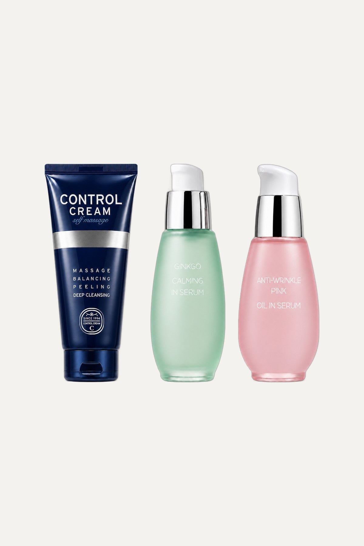 Redness & Sensitivity Bundle: Control Cream Classic 3-Minute Facial, Ginkgo Calming Serum, Pink Anti-Wrinkle Oil-in-Serum